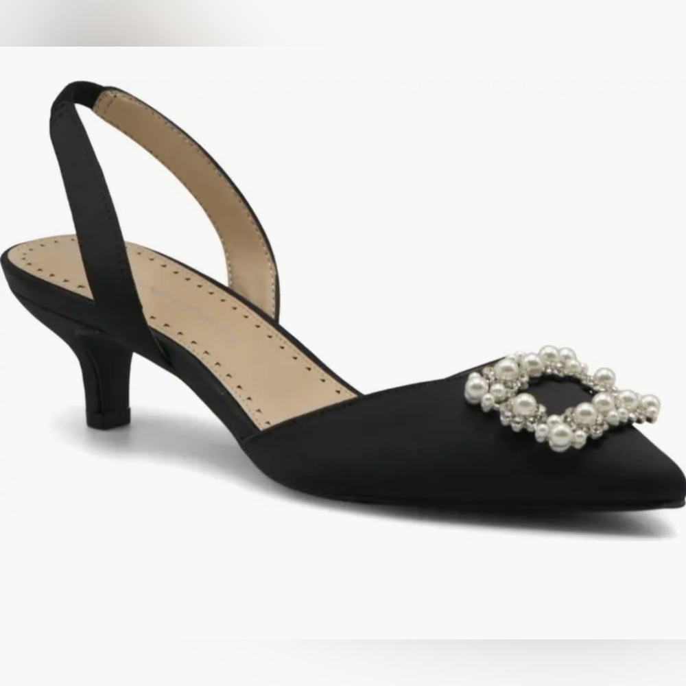Adrienne Vittadini Black Satin Slingback Heels with Pearl Embellishment - Picture 4 of 9